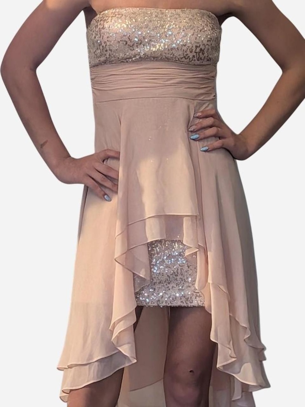 Size 5 Strapless Blush High-Low Sequin Cocktail Dress